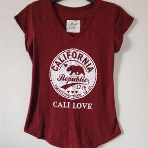 Y2K Reflex Maroon California Republic V-Neck Tee - Medium - Slim Fit